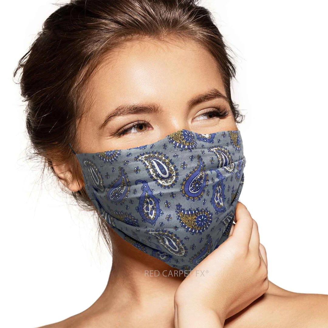 Pebbles Of Leeds Face Masks Pebbles Handmade Pleated Cotton Face Mask - Paisley Blue & Grey 3 Pebbles Of Leeds Face Masks Pebbles Handmade Pleated Cotton Face Mask - Paisley Blue & Grey